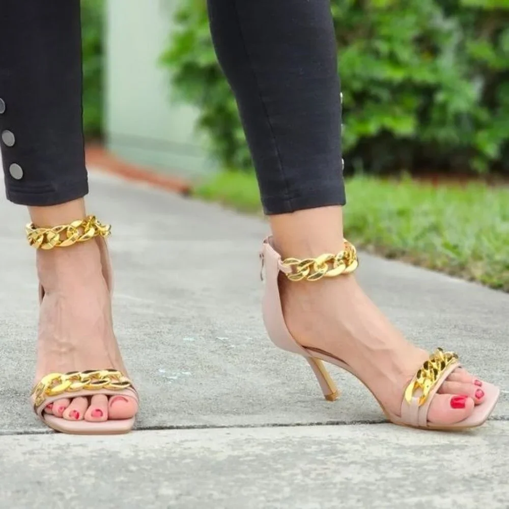 Womens Ankle Strap Heels Chains Stiletto Sandals Blush Color - Picture 3 of 5